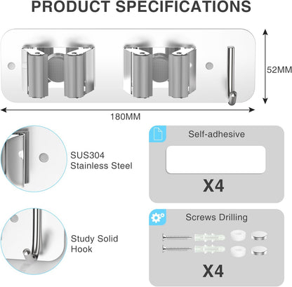 homeasy Wall Mount Mop and Broom Holder, Heavy Duty Stainless Steel Organizer Rack with Hooks | 2-Pack, 2-in-1 No Drill & Screw Installation, Silver