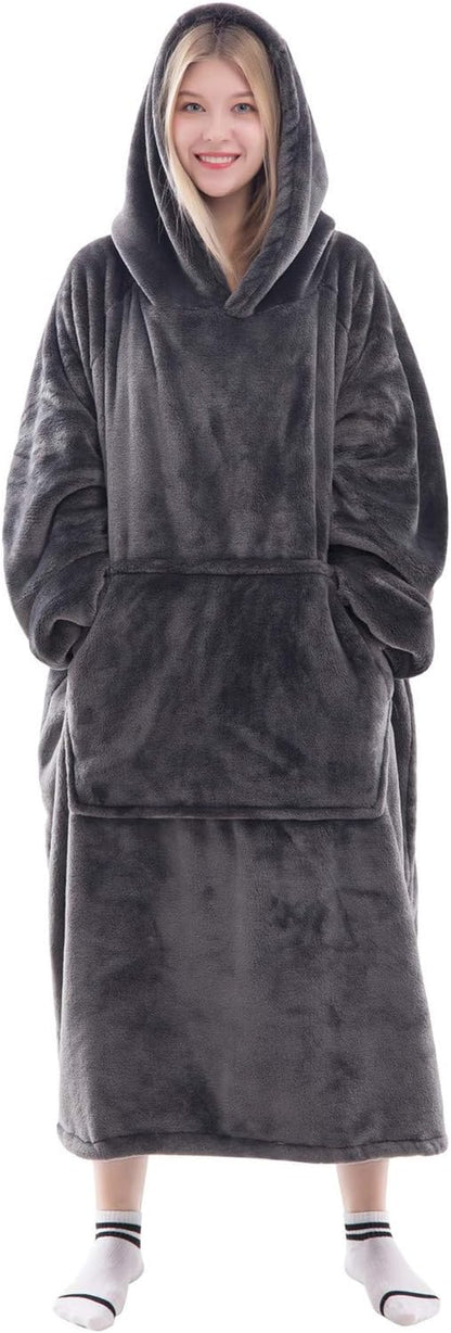 Wearable Blanket Sweatshirt Gifts for Women and Men, Warm and Cozy Giant Blanket Hoodie, Thick Flannel Blanket with Sleeves and Giant Pocket - Dark Gray