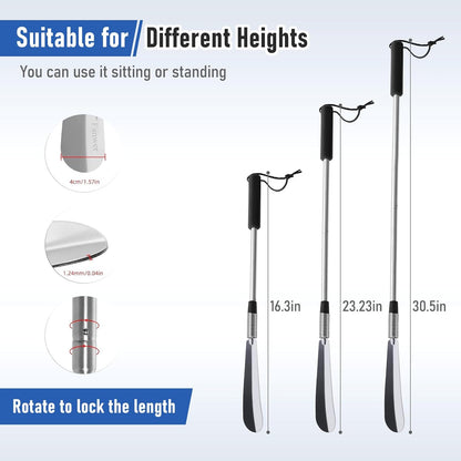 Fanwer Extendable Shoe Horn Long Handle for Seniors, Long Shoehorn | 16" to 31"Adjustable, Twist to Lock, Stainless Steel, Metal Travel Shoe Horn, Helper Tool for Men Women