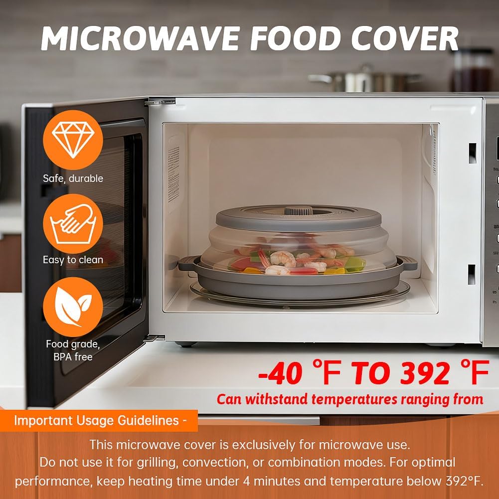 Collapsible Microwave Splatter Cover for Food with Base Mat,Silicone Microwave Plate Cover,Vented Silicone Splatter Guard Lid Vegetable Fruit Colander for Even Heatin(27 * 9.5cm,COLOR:Grey)