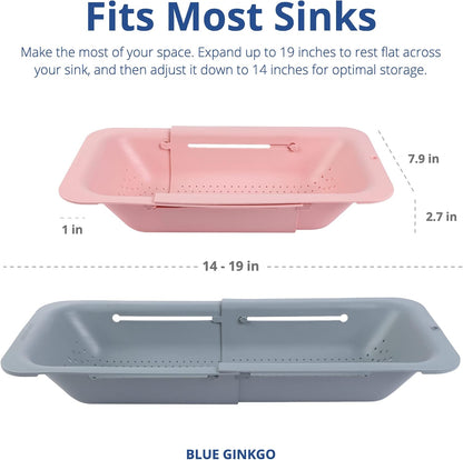 Blue Ginkgo Over Sink Colander, Extendable Kitchen Strainer, Grey | Fits Most Sinks. Rinse, Drain and Dry with Ease.