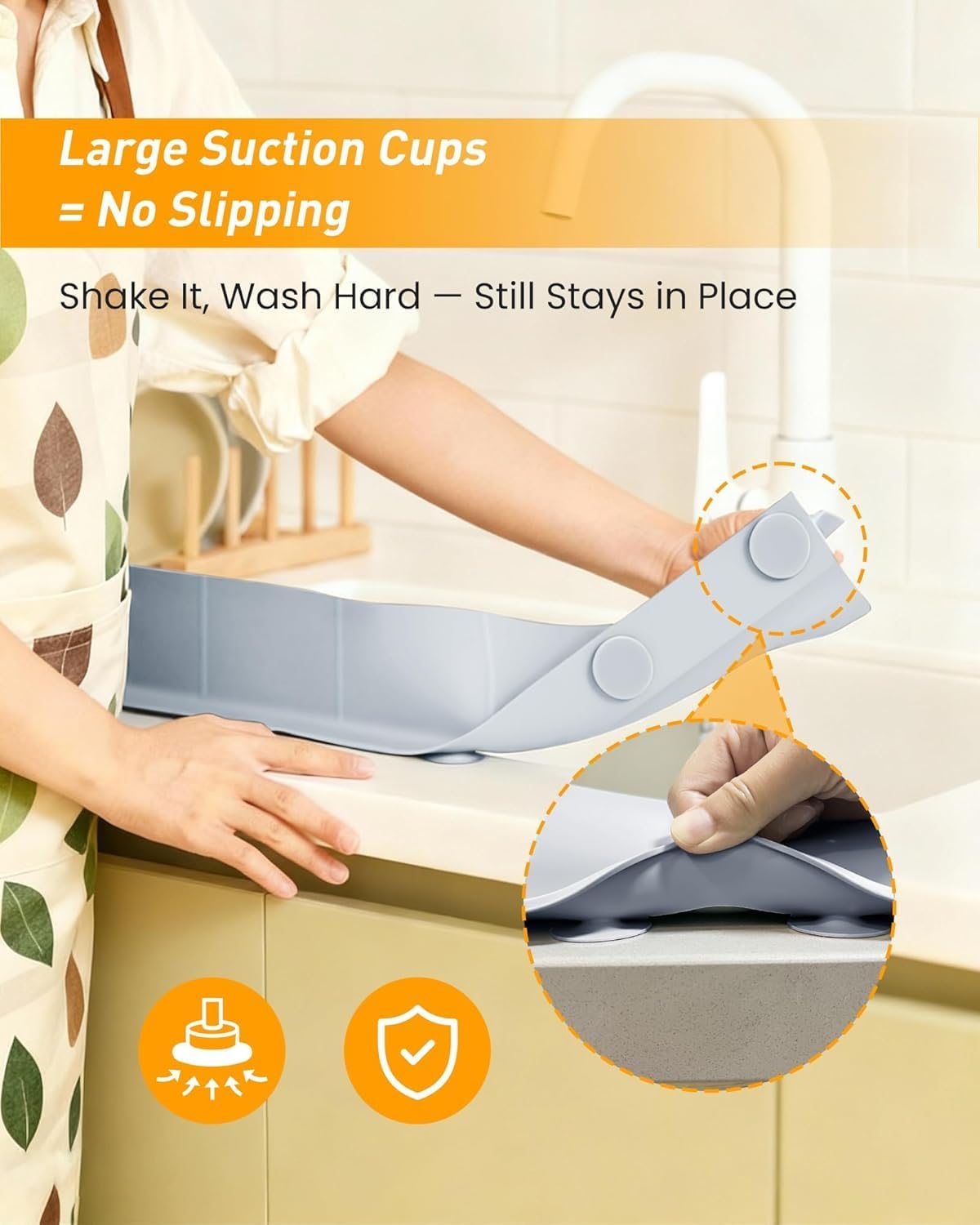 Sink Splash Guard 18" 23" 30" Silicone Water Guard with Strong Suction Cups, Faucet & Countertop Protector, Bathroom & Sink Edge Splash Guard Strip, Dishwasher Safe-Grey 18"