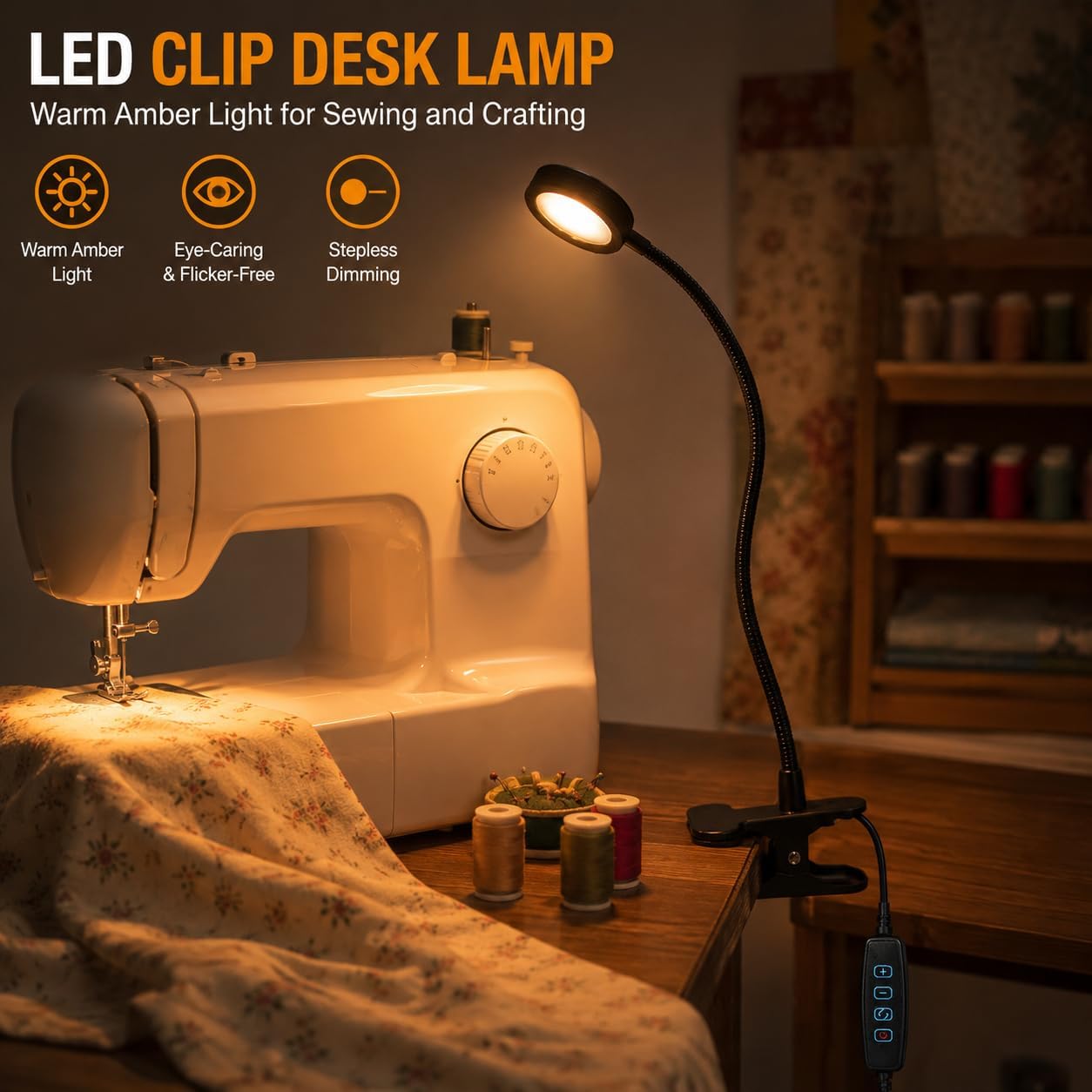USB Clip-On Lamp, Eye Caring Dimmable Reading Light (Warm+Cool White, 8W) | Dimmable, Inline Switch, 1M Timer, USB 5V Port, 3000K+6000K, 81inch Long Cable, Flexible Gooseneck, Metal Head and Clip