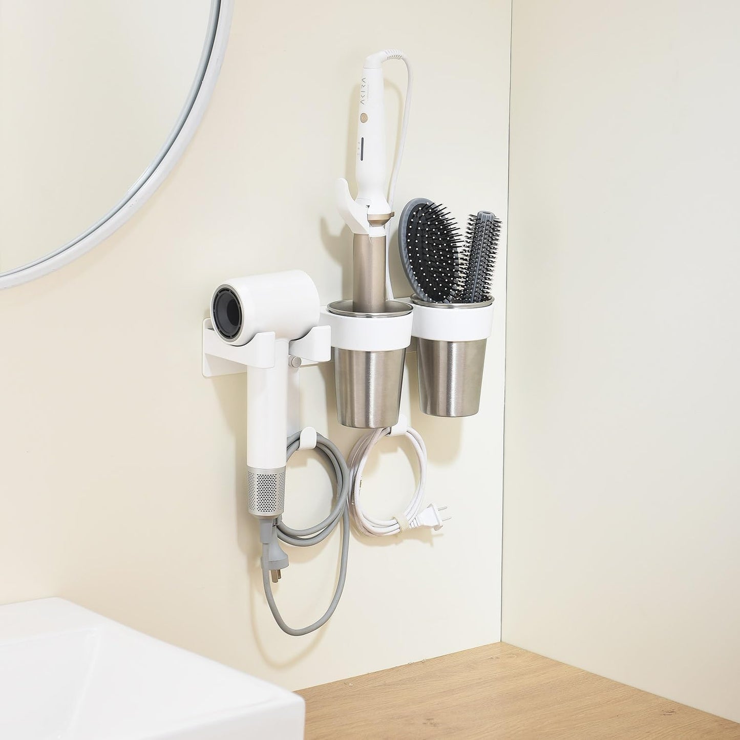 Hot Tools Organizer, Hair Tool Organizer Wall Mount Aluminum Alloy, Space-Saving Curling Iron Holder for Vanity & Bathroom with Stainless Steel Cups White CHOCHOYAH