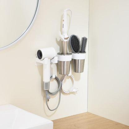 Hot Tools Organizer, Hair Tool Organizer Wall Mount Aluminum Alloy, Space-Saving Curling Iron Holder for Vanity & Bathroom with Stainless Steel Cups White CHOCHOYAH