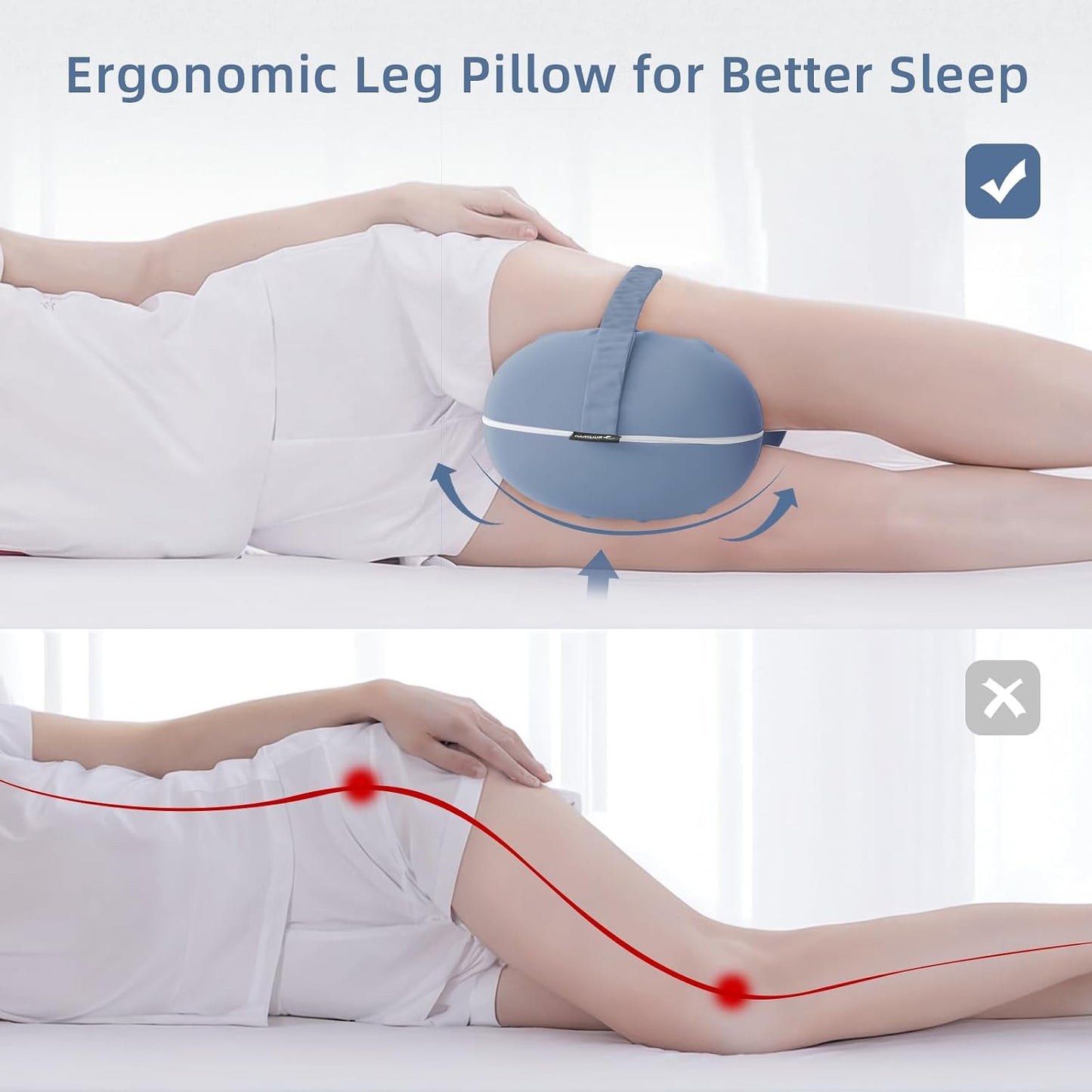 Knee Pillow for Side Sleepers - Cooling Pillow Between Legs for Side Sleeping - Memory Foam Knee Pillow with Strap for Hip Pain & Spine Alignment (Blue)