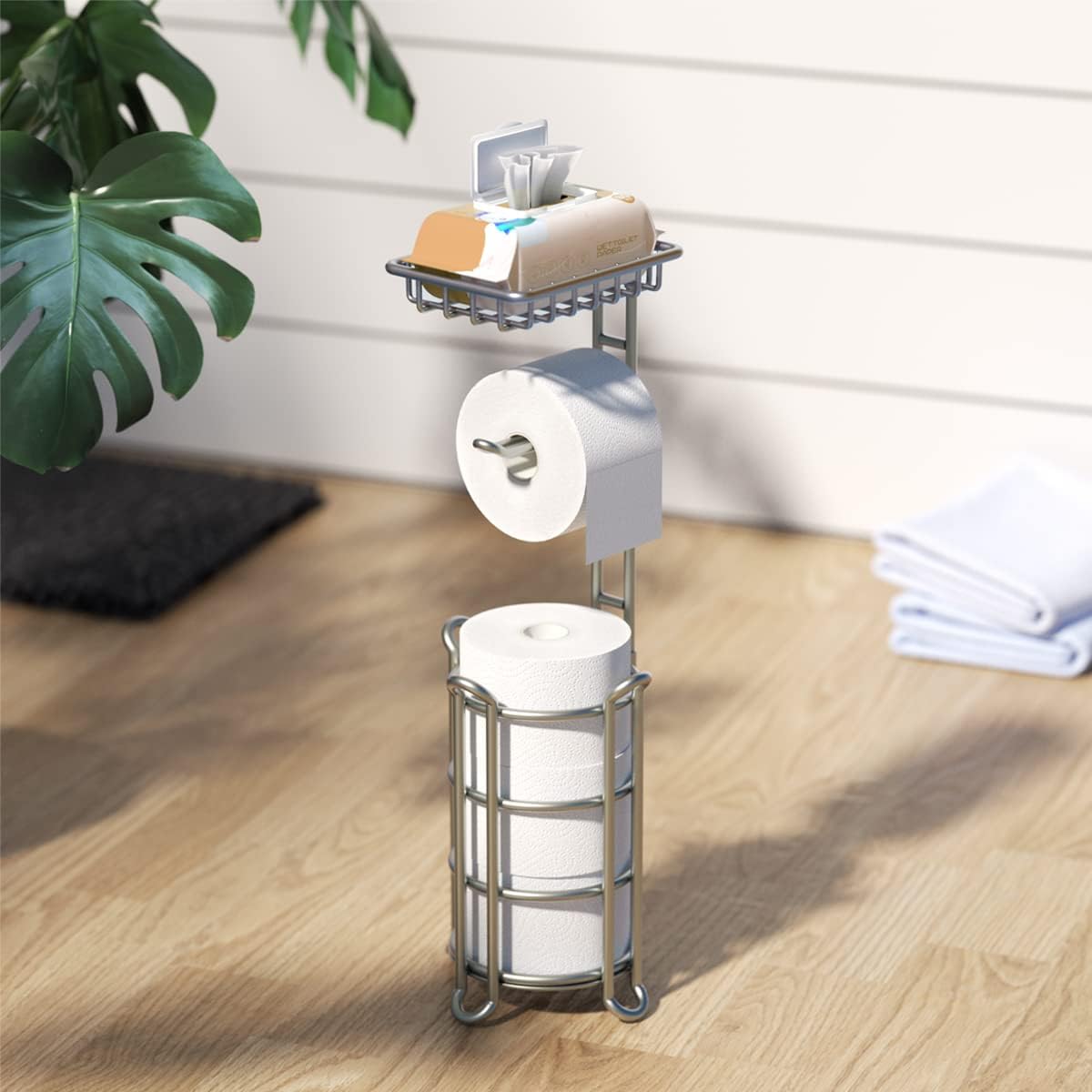 Toilet Paper Holder Stand Tissue Paper Roll Dispenser with Shelf for Bathroom Storage Holds Reserve Mega Rolls-Bronze
