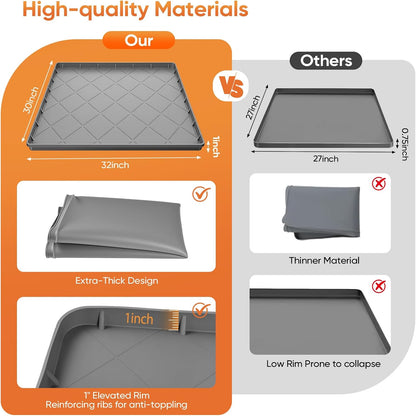 Washing Machine Drain Pan Silicone Mat,Large 32"X 30"with 1" Raised Edges | Non-Slip Waterproof Washer Drain Pan,Washing Machine Tray for Floor Protection,Multi-Purpose Leakproof Washer Drip Pan (Grey)