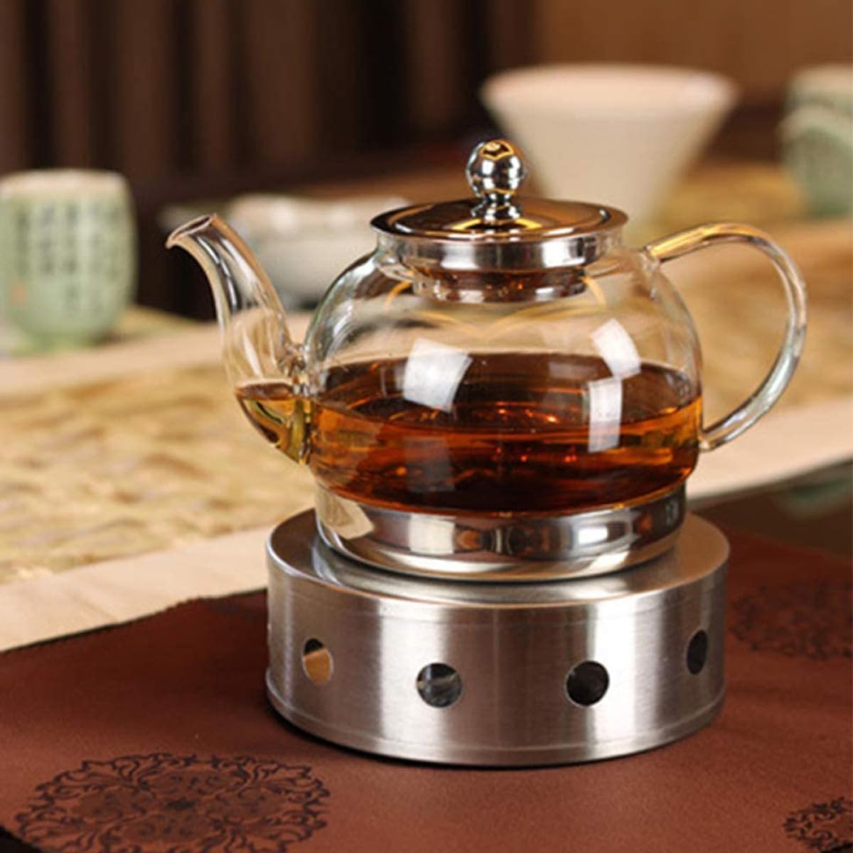 ABOOFAN Stainless Steel Tea Pot Heater with Glass Warmer Base Candle Teapot Warmer Portable Hollow Heating Stand for Office and Home Use