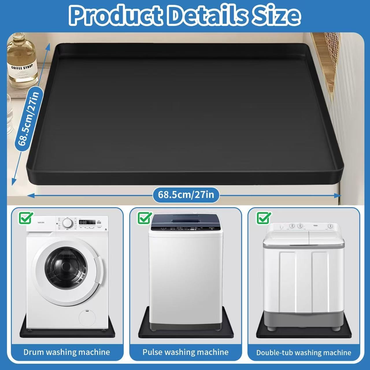 Washing Machine Drain Pan Silicone mat 27"x27" with 0.79" Raised Edges, Leak-Proof Silicone Mat, Non-Slip Waterproof Floor Protector for Washer Dryer (Grey)