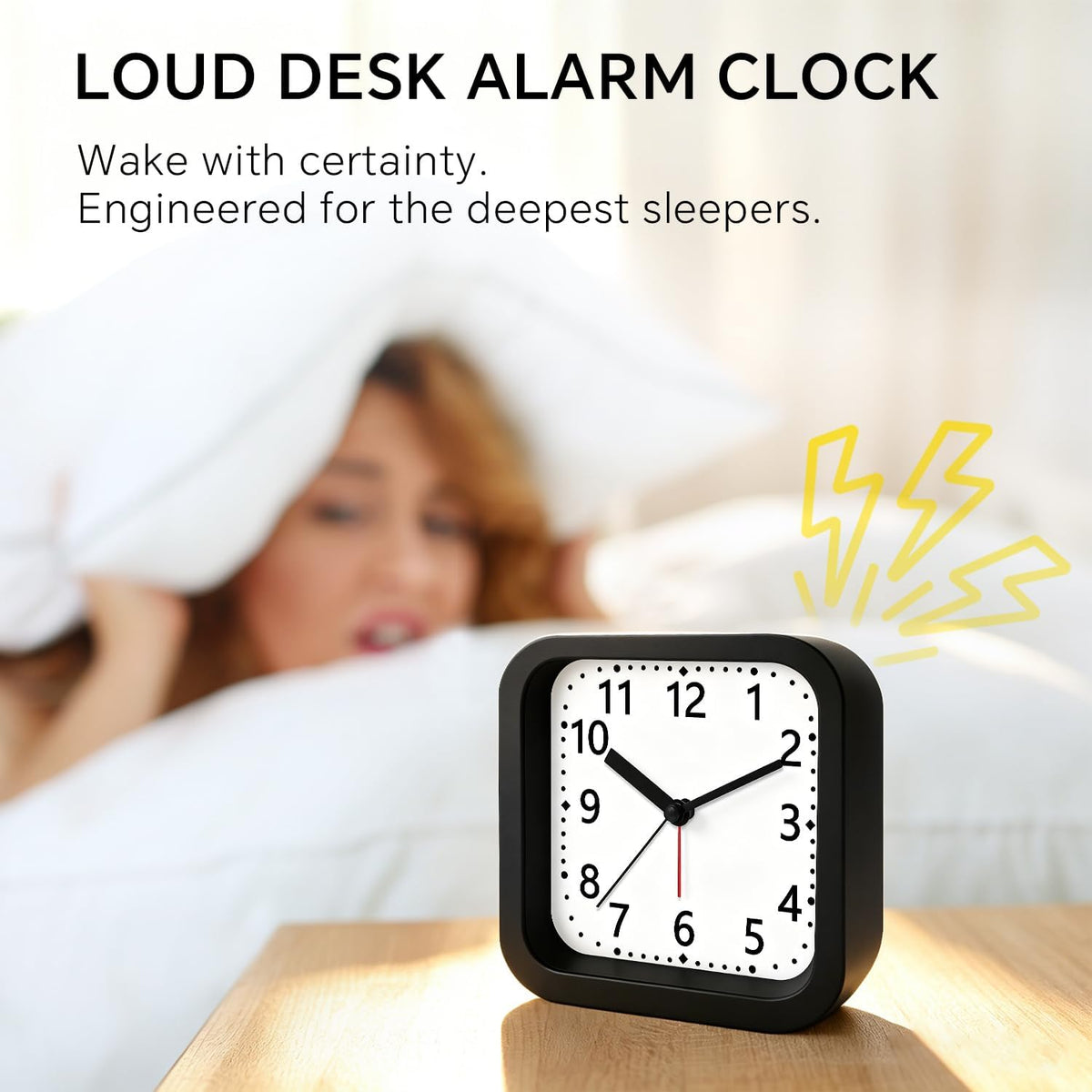 Loud Alarm Clock for Heavy Sleepers, 4.5" Simple Square Analog Alarm Clocks with Silent Movement Battery Operated Easy-to-Read Dial, Plastic Small Desk Clock for Bedroom Teens Seniors, Black