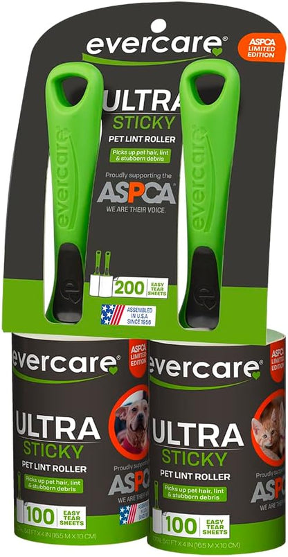 Evercare Pet Hair Lint Rollers All Purpose Use 100 Easy-Tear Sheets Per Roll Reusable Sticky Roller Pets Cat & Dog Hair Remover Contoured Handle For Furniture Clothing & Cars, Set of 3, Green
