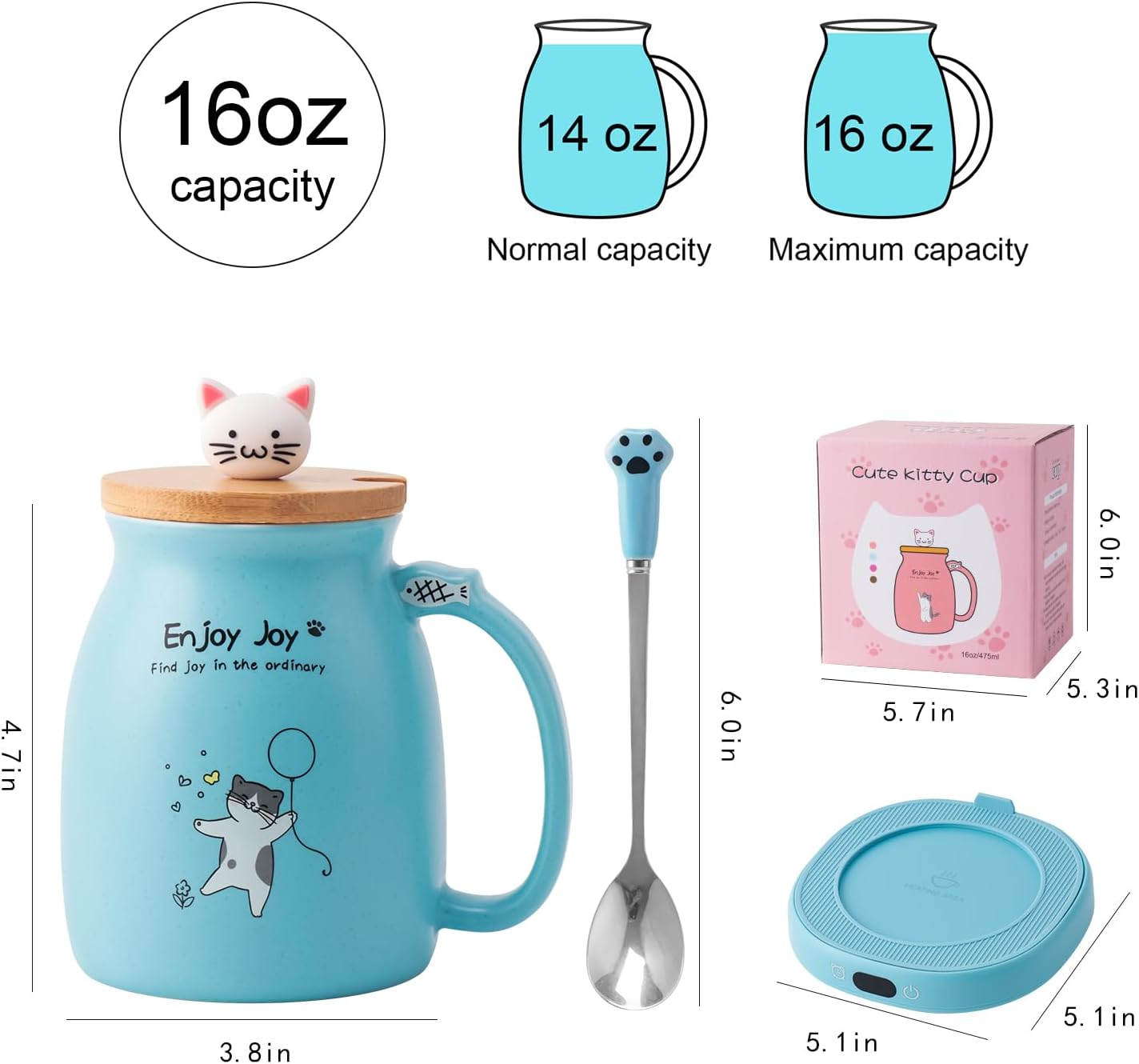 Cat Mug Coffee Mug Warmer Set for Desk Electric Heated Tea Cup Candle Plate | Cute Cat Cup Warmer Set, Self Heating Tea Warmer for Office Home, 8Hrs Auto Shut Off 4 Temperature Setting, Christmas Gift