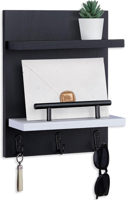 Key Holder Wall Mount, Mail Shelf Decor with 3 Key Hooks, Versatile Wood Wall Organizer for Entryway Hallway (8.2” x 10.6”x 3.6”) (White) | Farmhouse Key Hanger Holds Dog Leash, Sunglasses – Decorative Mail Organizer Home Decor