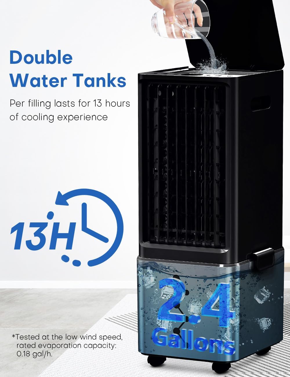 Portable Air Conditioners 4 Modes&3 Speeds,4 Ice Packs, Waterless Alert System, 12H Timer, Remote,1 Gal Detachable Water Tank, 70°Oscillation Windowless Evaporative Air Cooler for Room Office