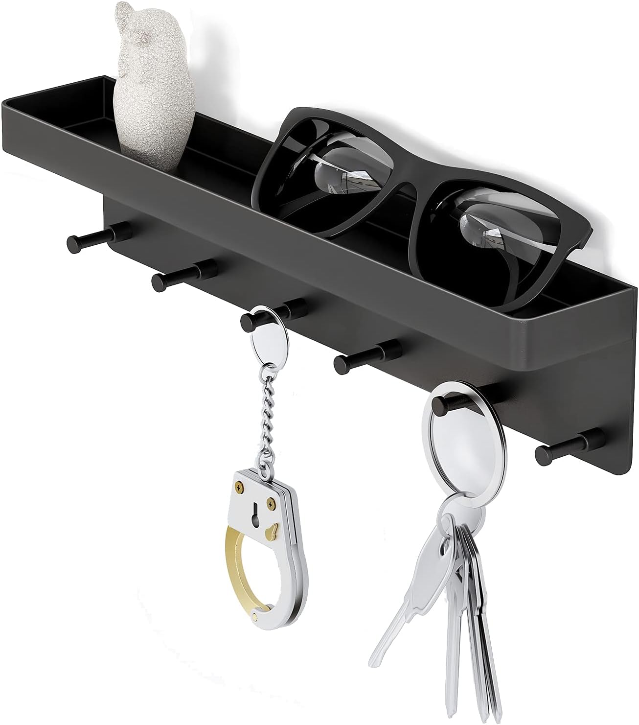 MKO Key Holder Wall Mount, Key Holder Wall Mount Adhesive with Mail Organizer Tray with 6 Key Hooks for Wall, Black | Metal Material, Key Rack with Shelf, Mail Organizer Tray for Entryway, Hallway, Living Room