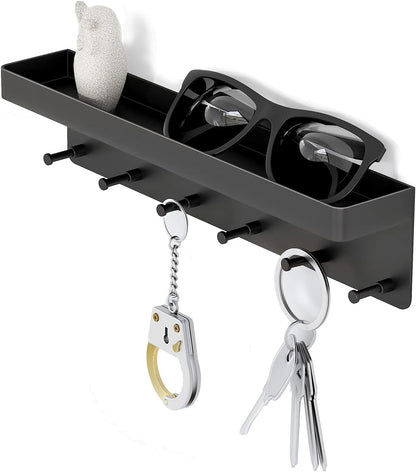MKO Key Holder Wall Mount, Key Holder Wall Mount Adhesive with Mail Organizer Tray with 6 Key Hooks for Wall, Black | Metal Material, Key Rack with Shelf, Mail Organizer Tray for Entryway, Hallway, Living Room