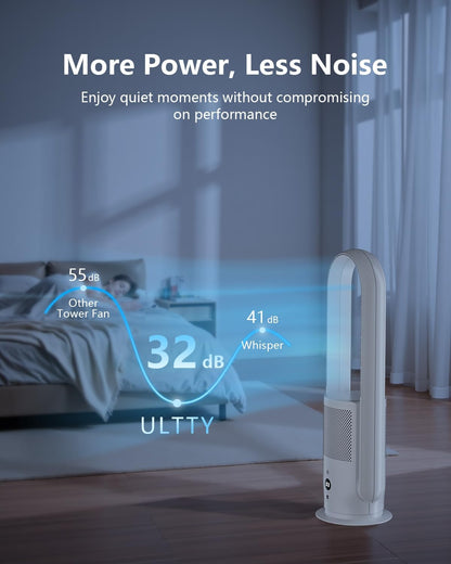 ULTTY Bladeless Tower Fan and Air Purifier Combo, Quiet Oscillating Fan with Remote & Touch Control, 9 Speeds, 8H Timer, HEPA Air Filter, Safe Floor Fan for Bedroom Home Office Black, 23.5"inch