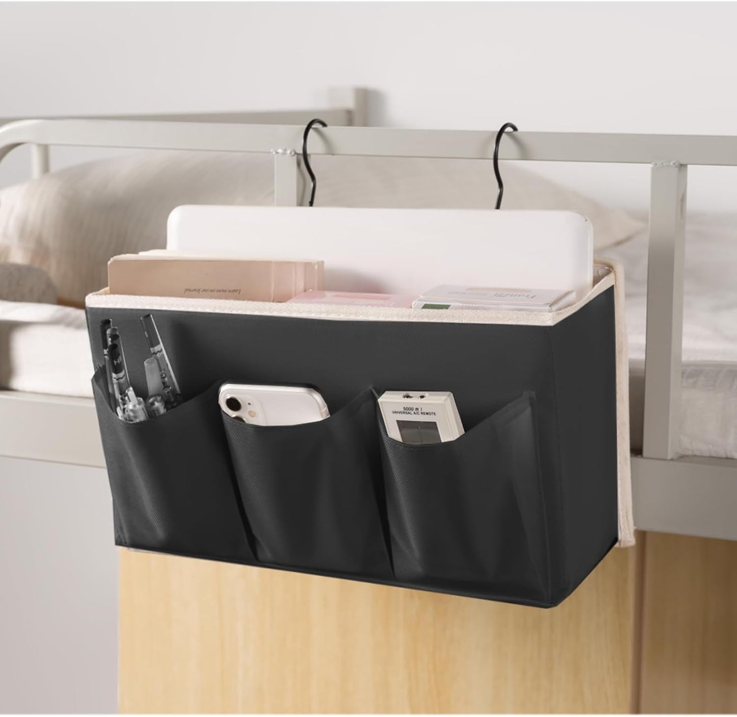 Bedside Caddy/Bedside Storage Organizer Hanging Bag with Three Options,Suitable for home beds, sofas, and dormitory beds—can hold magazines, books, phones, iPads, remote controls. (Gray)