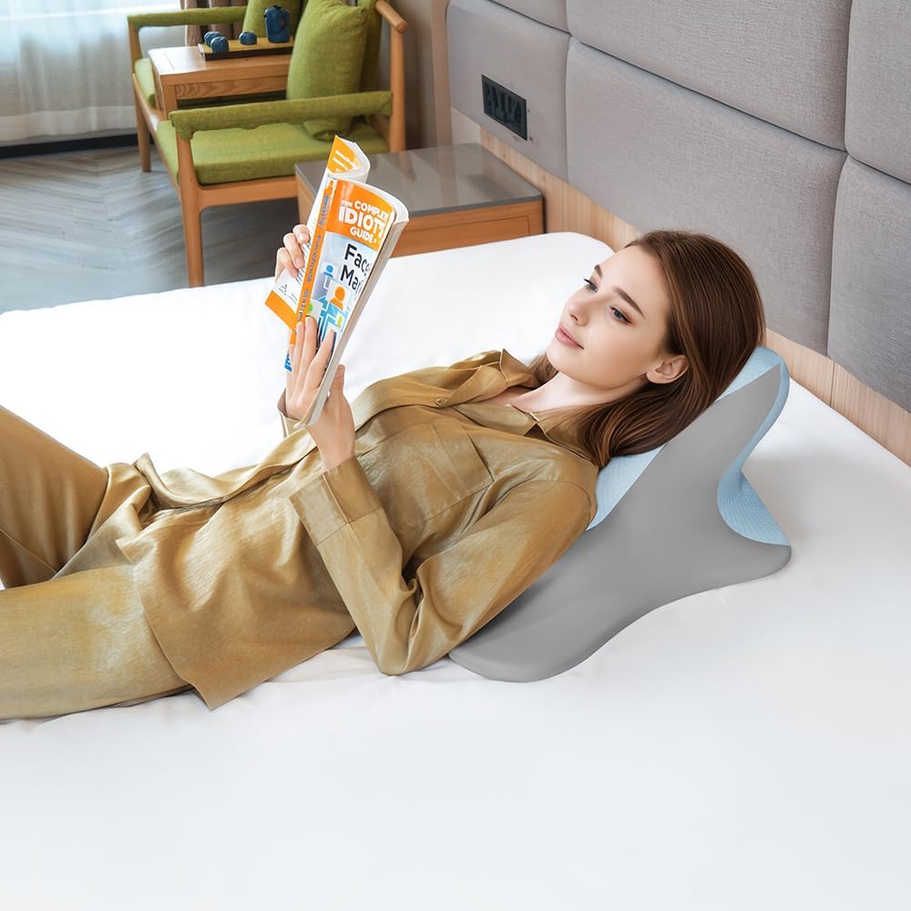 Reading Pillow for Bed, Lying, Leaning and Prone, Ergonomic Memory Foam Bed Wedge Pillow for Headboard, Chin & Back Support Pillows on Bedrest Couch Floor- Grey