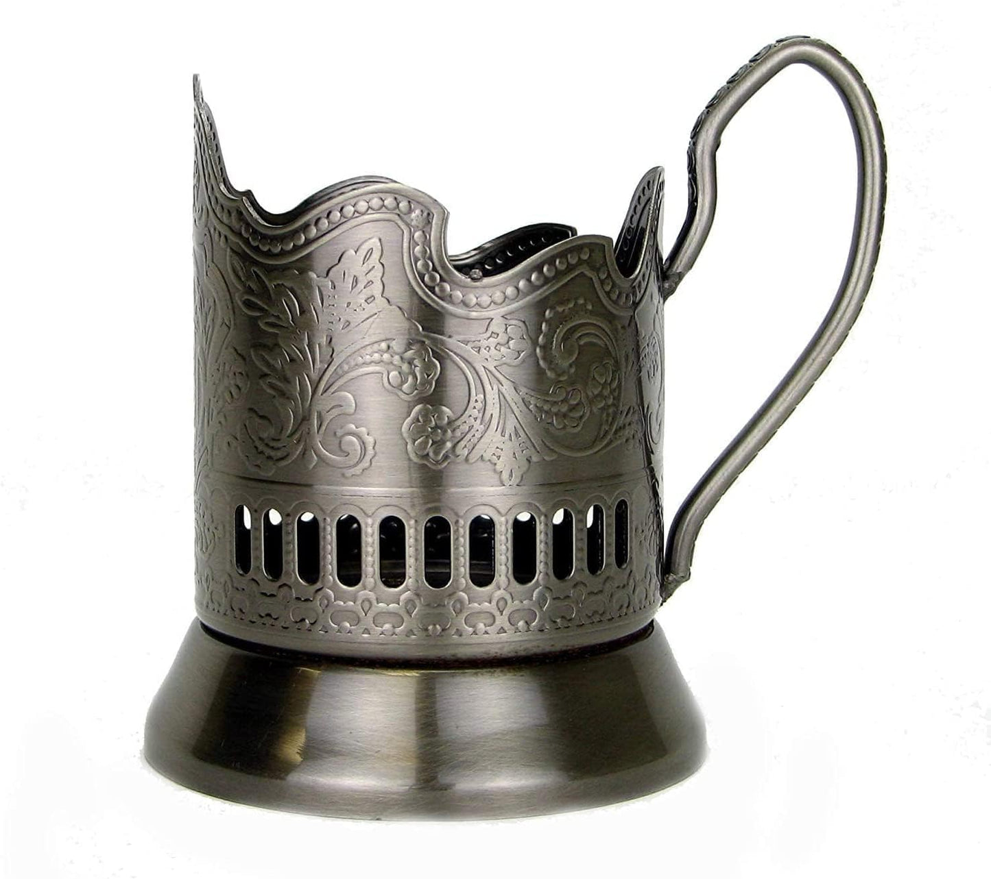GHOLD Podstakannik for Hot Beverages, Metal Glass Holder w/Handle and Floral Pattern