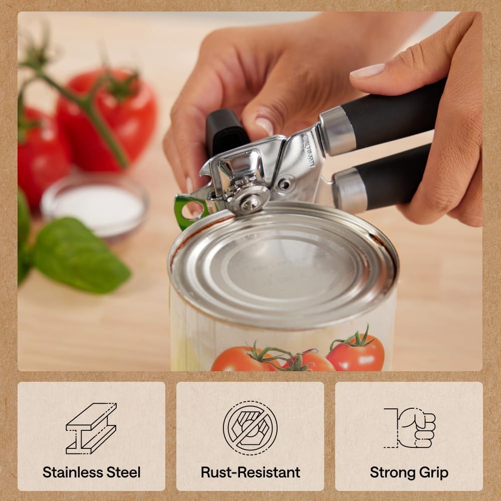 GORILLA GRIP Original Model Stainless Steel Smooth Edge Manual Can Opener and Bottle Openers, US Designed, Comfortable Handle, Oversized Handheld Turn Knob, Multifunctional Kitchen Tool, Gray