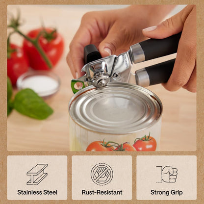 GORILLA GRIP Original Model Stainless Steel Smooth Edge Manual Can Opener and Bottle Openers, US Designed, Comfortable Handle, Oversized Handheld Turn Knob, Multifunctional Kitchen Tool, Gray