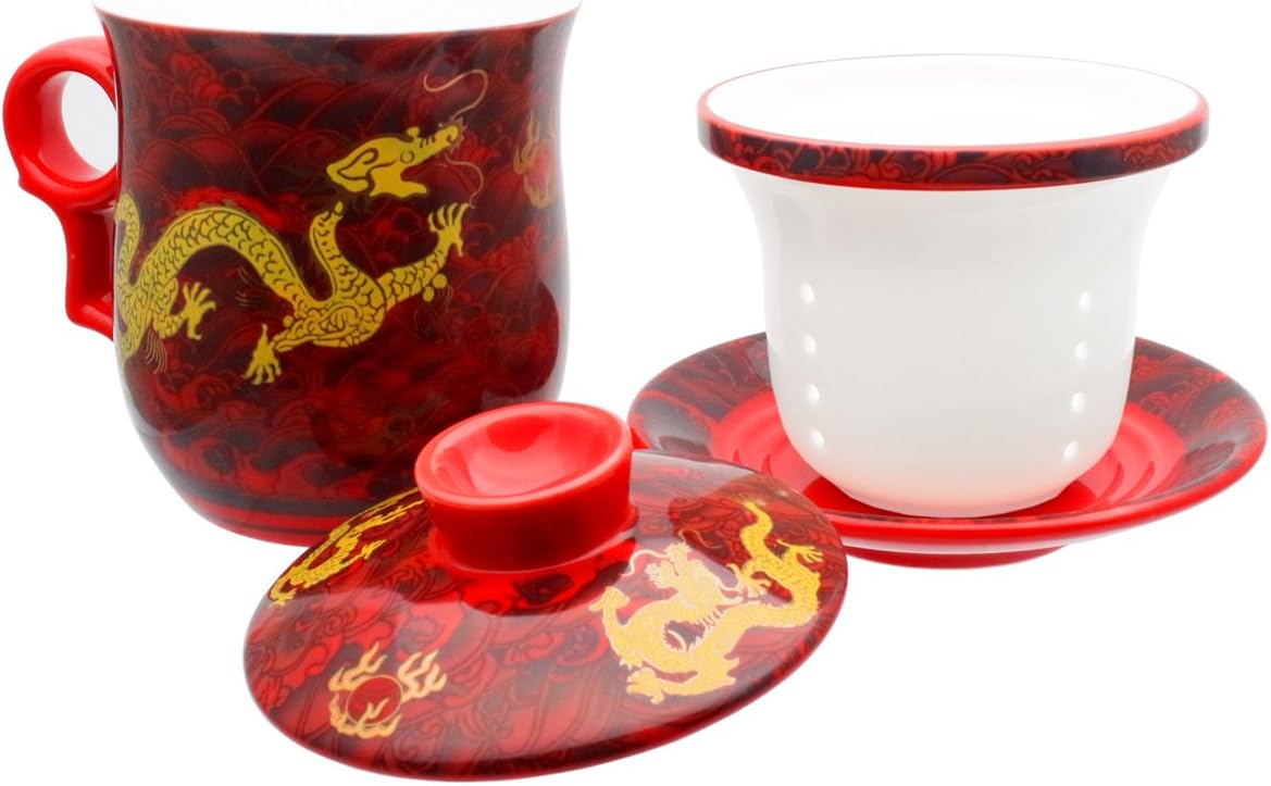 Porcelain Tea Cup with Infuser Lid and Saucer Sets - Chinese Jingdezhen Ceramics Coffee Mug Teacup Loose Leaf Tea Brewing System for Home Office