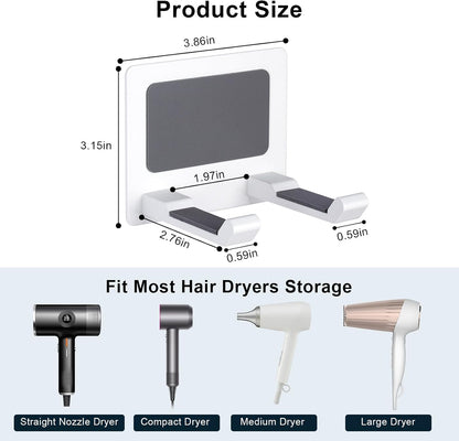 Universal Hair Dryer Holder, White | Wall Mount for Bathroom & Cabinet, Self-Adhesive Option, Blow Dryer Stand & Tool Organizer, Space-Saving Design