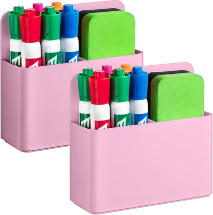 2 Pack Magnetic Pen Holder Cup for Whiteboard, Classroom Supplies | Plastic Magnetic Dry Erase Marker Holder for Refrigerator Fridge, Pencil Cup for School, Locker Accessories Organizer-White