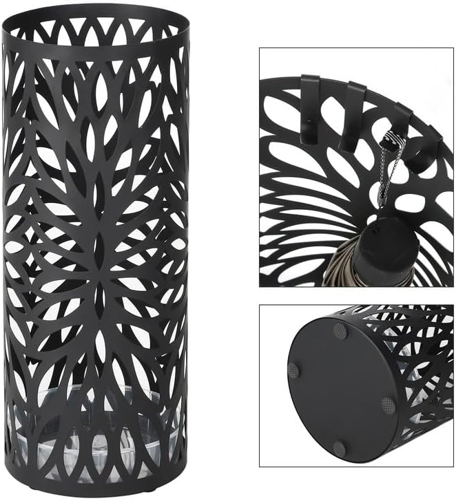 SONGMICS Umbrella Stand, Umbrella Holder for Entryway, Steel Square Umbrella Rack Organizer Freestanding, for Canes Walking Sticks, with a Detachable Drip Tray, 4 Hooks, Black ULUC026B33