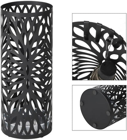 SONGMICS Umbrella Stand, Umbrella Holder for Entryway, Steel Square Umbrella Rack Organizer Freestanding, for Canes Walking Sticks, with a Detachable Drip Tray, 4 Hooks, Black ULUC026B33