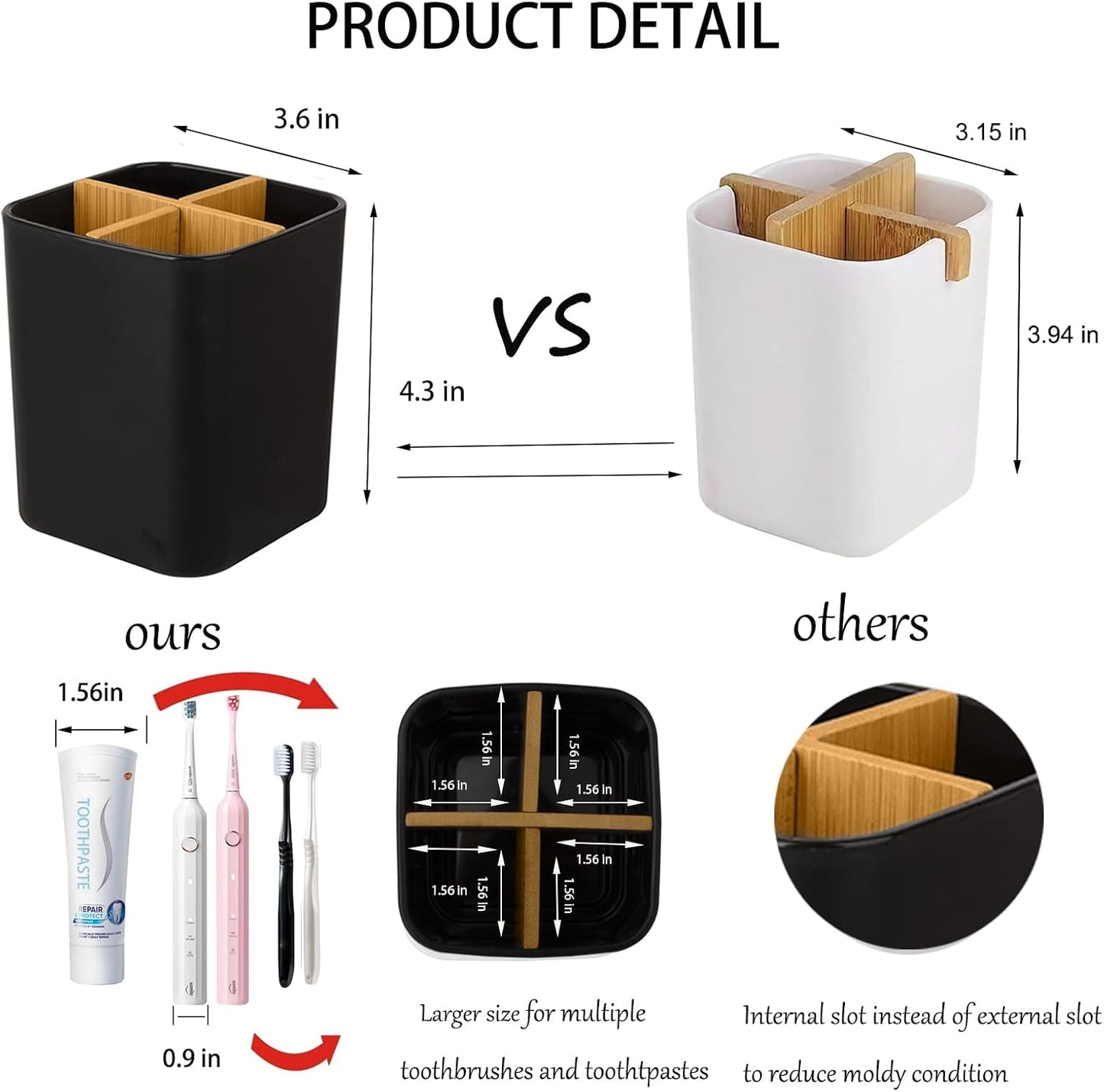 Bamboo Toothbrush Holder for Bathrooms Toothpaste Organizer - Black | Detachable Inserts, 3 Slots, Bathroom Counter Organizer, for Kids Electric Toothbrushes, Floss, Razors