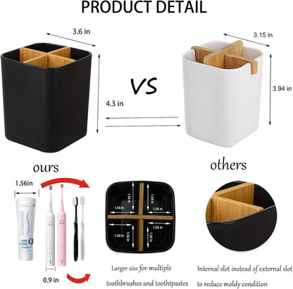 Bamboo Toothbrush Holder for Bathrooms Toothpaste Organizer - Black | Detachable Inserts, 3 Slots, Bathroom Counter Organizer, for Kids Electric Toothbrushes, Floss, Razors