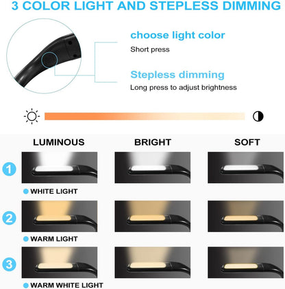 LED Neck Reading Light for Books: 3 Color Adjustable Bendable Arms Black