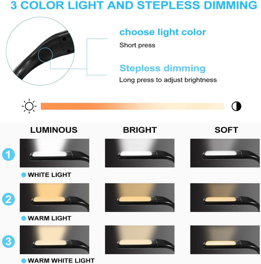LED Neck Reading Light for Books: 3 Color Adjustable Bendable Arms Black