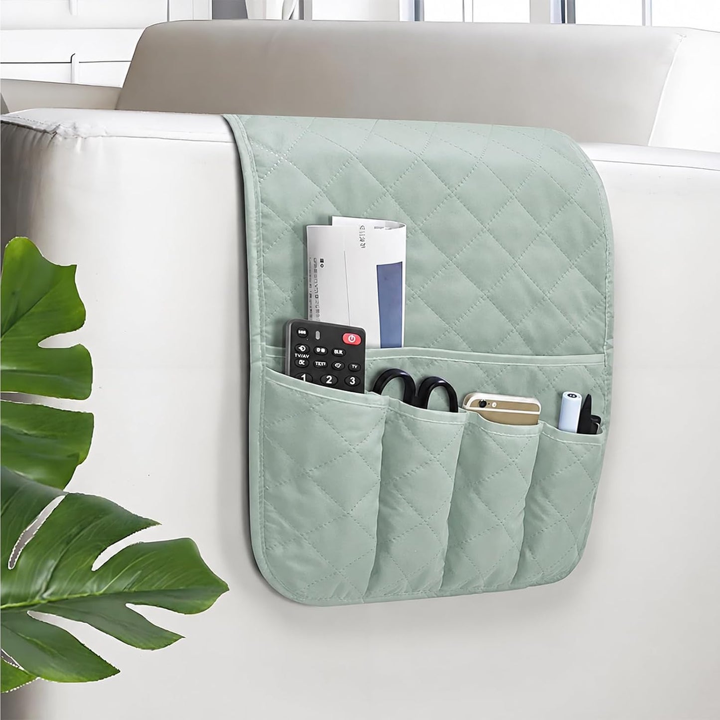Armchair Caddy for Recliner, Non Slip Sofa Arm Organizer, Sage Green | 5-Pocket Recliner Armrest Organizer, Couch Side Storage Holder for Remotes, Cell Phone, Magazines & Tablets, Machine Washable