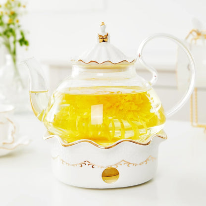 DUJUST Blooming Tea Pot Set, Luxury British Design with Relief Decor & Gold Trims, Hand-Crafted Clear Teapot with Warmer, 40oz Glass Teapot with Infuser, Stove-Safe Tea Party Gift & Home - Black