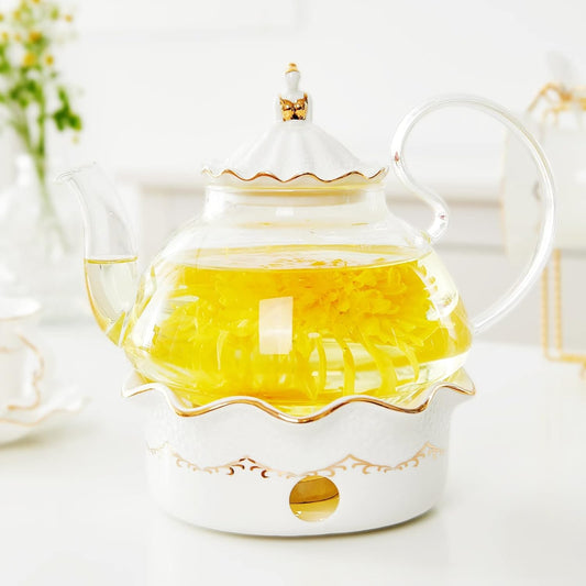 DUJUST Blooming Tea Pot Set, Luxury British Design with Relief Decor & Gold Trims, Hand-Crafted Clear Teapot with Warmer, 40oz Glass Teapot with Infuser, Stove-Safe Tea Party Gift & Home - Black