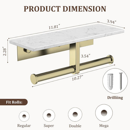BWE Brushed Gold Toilet Paper Holder with Marble Shelf Wall Mounted | Toilet Paper Roll Holder with Phone Shelf 304 Stainless Steel Tissue Holder for Bathroom Washroom,Saving Space