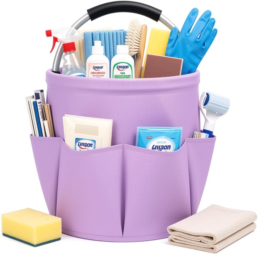 Cleaning Caddy with Handle, 17L Foldable Storage Basket, Heavy Duty 600D Oxford Cloth Organizer, Portable Supply Bag, Multi-Purpose Supplies Caddy for Home, Bathroom, Kitchen, Garden - Black