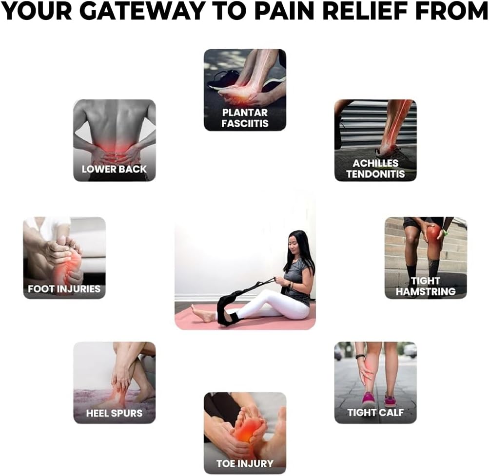 Foot and Calf Stretcher - Stretching Strap for Plantar Fasciitis, Achilles Tendonitis, Heel Spurs, Foot Drop, & Hamstring, Versatile Stretch Strap Used as Leg stretcher, Hamstring Stretcher and Foot Stretcher