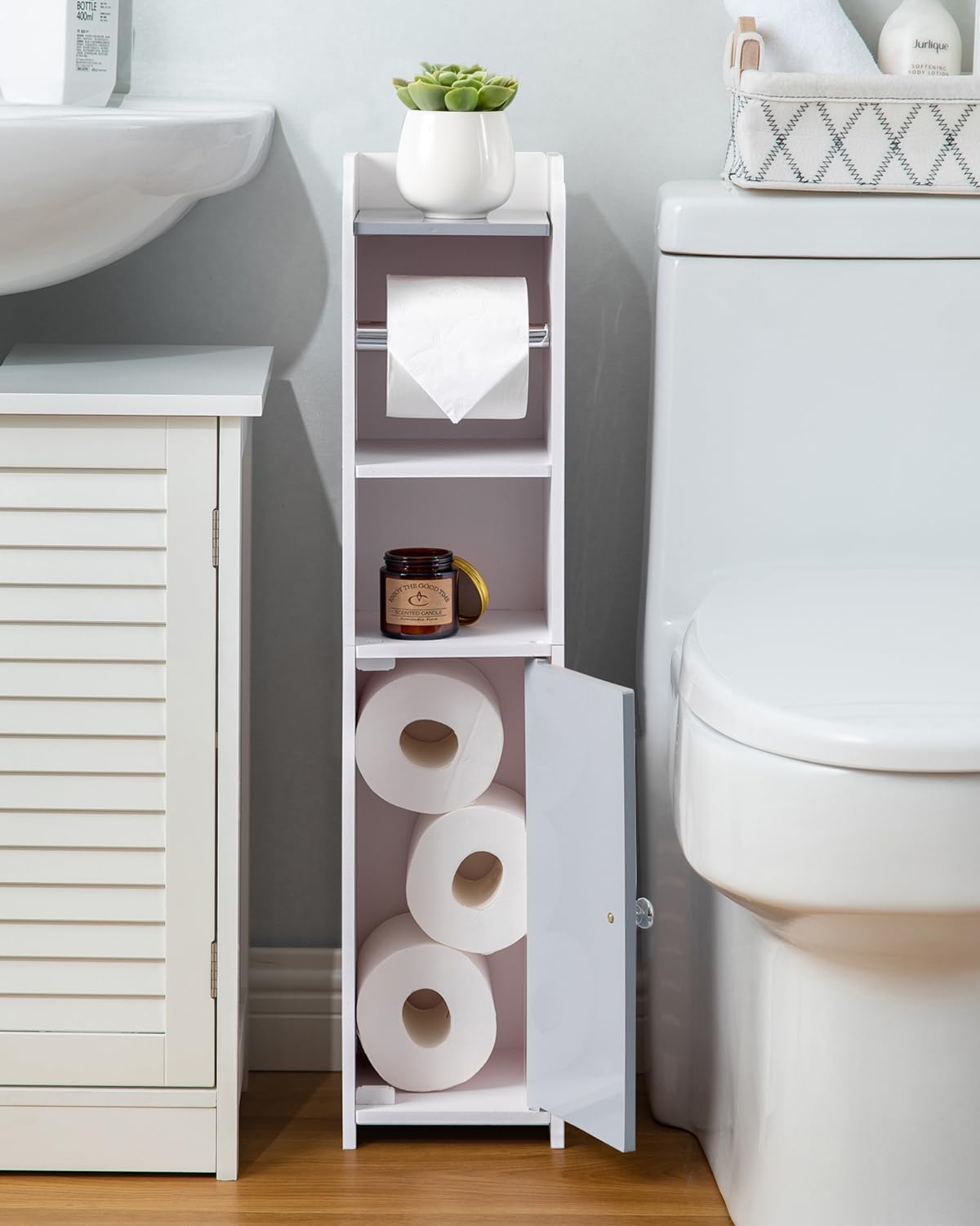AOJEZOR Toilet Paper Holder Stand: Small Space Bathroom Storage for Renters