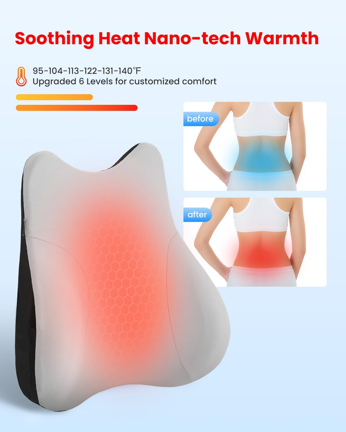 COMFIER Lumbar Support Cushion with Kneading Massage, Heat & Vibration, Ergonomic Back Support Pillow for Office Chair, Seat & Sofa Adjustable Comfort, Gray