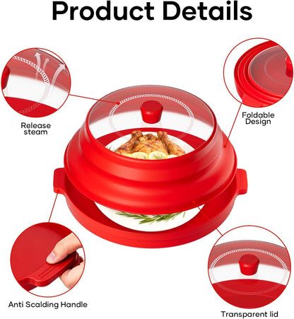 2 in 1 Microwave Splatter Cover for Food with Anti-scald Base Plate, Large Plastic & Silicone Collapsible Vented Food Guard Lid, Plate Holder & Kitchen Colander (Black)