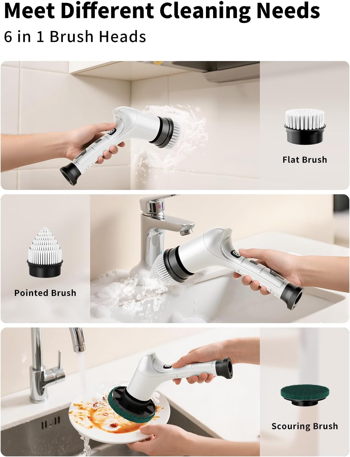 Electric Spin Scrubber, Cordless Household Cleaning Brush with 6 Replaceable Heads, 3 Speeds, LED Display, Lightweight Handheld Power Scrubber for Cleaning Stove/Bowl/Sink/Corner/Tile/Grout-Black