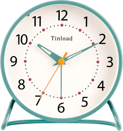 Tinload 4.5" Battery Operated Analog Alarm Clock, Small Silent Bedside Desk Clock with Night Light, Blue