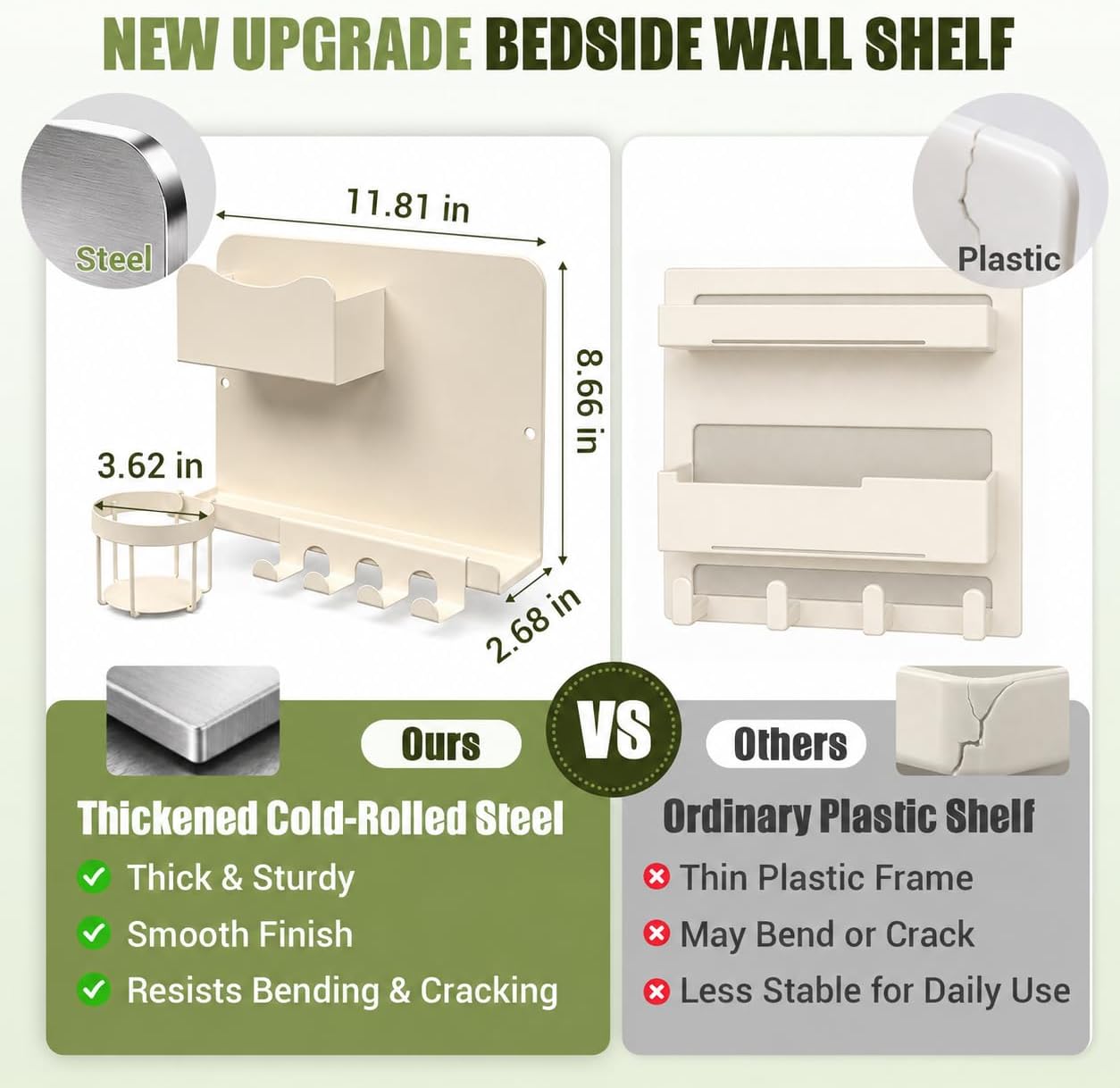Floating Bedside Wall Shelf, Metal Bedside Wall Organizer with Detachable Cup Holder, No Drill Wall Mounted Storage for Bedroom, Dorm, Loft Bed, Bunk Bed & Small Space Organization