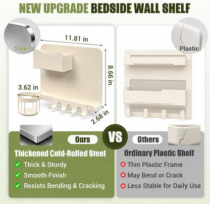 Floating Bedside Wall Shelf, Metal Bedside Wall Organizer with Detachable Cup Holder, No Drill Wall Mounted Storage for Bedroom, Dorm, Loft Bed, Bunk Bed & Small Space Organization