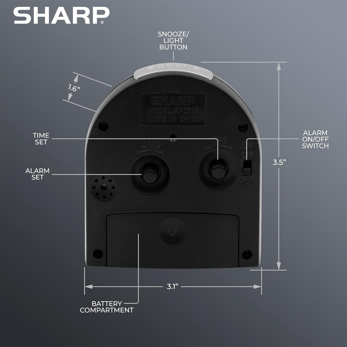 Sharp Battery-Powered Analog Alarm Clock, Silent Sweep, Snooze and Light | Silent no-tick movement; Ascending beep alarm; Gentle wake; Snooze; On-demand light; Compact size; Battery operated; Black